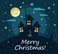 Poster, banner or background for Merry Christmas. House, moon, stars and snow. Modern flat design.