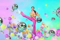 Poster banner collage f excited lady enjoy fun in dry pool cyber metaverse reality playing disco ball on summer weekend