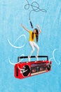 Poster banner collage of funny rocker young kid girl advertise school party with boom box singing music mic