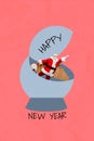 Poster banner collage of futuristic santa claus flying from north pole station snow globe on red color background Royalty Free Stock Photo