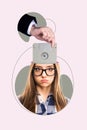 Poster banner collage of lady suffer memory problem insert floppy disk in her brain boss work manipulation Royalty Free Stock Photo