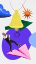 Poster. Banner. Contemporary art collage. Businessman, boss with bag flying to success on play dough airplane over