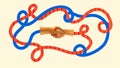 Poster. Banner. Contemporary art collage. Creative modern artwork. Cropped two shaking hands with blue and red lines