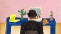 Poster. Banner. Contemporary art collage. Rear view of man dressed vintage outfit sitting at play dough table, his