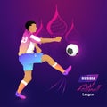 Poster or banner for Russia football league concept with footballer character on glowing purple background. Royalty Free Stock Photo