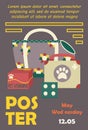 Poster, banner template design with pet bag, carrier, medicine, first aid kit, vitamins and text. Typography