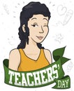 Beautiful Female Educator with Greeting Ribbon Celebrating Teachers` Day, Vector Illustration