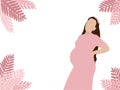 Poster with beautiful young pregnant woman with long hair and place for text. Minimalistic design, flat vector illustration Royalty Free Stock Photo