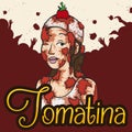 Young Woman Covered with Tomatoes Celebrating Tomatina, Vector Illustration