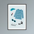 Poster with beret, striped longlsleeve shirt, lipstick, shoe and hand lettered word salut, hello in French.