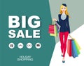 poster Big sale with icons. Shopping wonan model. Royalty Free Stock Photo