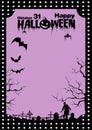 Poster, Billboard template with sample text for Halloween on purple background with black with zombies, cemetery with graves and