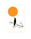 Bird on branch on full moon, vector. Bird silhouette on sunset on tree in autumn. Wall decals isolated on white background