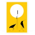 Birds silhouettes and bamboo on sunset, vector. Waterbirds illustration isolated on yellow background. Modern art design Royalty Free Stock Photo