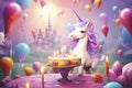 Birthday card with unicorn, cake, balloons and candles in bright colors