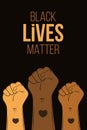 Poster for Black Lives Matter protest in USA. Stop violence to black people. Fist symbol with heart tattoo on a dark background.