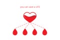 Poster for blood donation, four drops and heart isolated on the white background, vector illustration