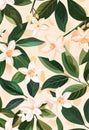 Poster with blooming flowers of jasmine on pale peach background