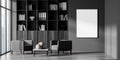 Poster with book cabinet, two armchairs, dark grey