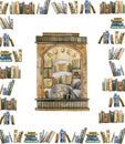 Poster with book shelves, book store, books. Collection design elements on white background.