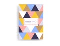 Poster booklet with colorful triangles. Modern pattern cover with geometric symbols. Simple stile of brochure page for journal.