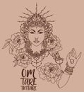 Poster with buddhist mantra `om tare tuttare` and beautiful female goddess Royalty Free Stock Photo