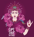 Poster with buddhist mantra `om tare tuttare` and beautiful female goddess Royalty Free Stock Photo