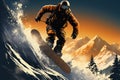 Poster captures the exhilaration of a snowboarder jumping amidst mountains