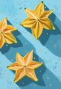 Poster with carambola, star fruit halves in vibrant modern background