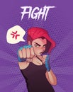 Poster, card or t-shirt print with angry boxing girl with blue boxing bandages, and red hair. Anime style illustration