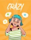 Poster, card or t-shirt print with funny excited girl showing Ok gestures with both hands. Anime style illustration