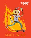 Poster, card or t-shirt print with stylish skeleton skater. Trendy hipster style illustration