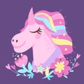 Poster or card with unicorn fancy image and flowers, flat vector illustration. Royalty Free Stock Photo