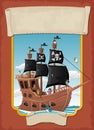 Poster with cartoon pirates on a ship at the sea.