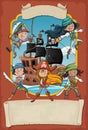 Poster with cartoon pirates on a ship at the sea. Royalty Free Stock Photo