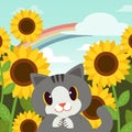 Poster of cat in the garden. Pretty kitten with yellow sun flowers in the garden background. cat smiling.rainbow in the sky.happy Royalty Free Stock Photo