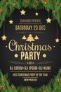 Poster for a Christmas party. Fir tree and snow berries on a black background. Celebratory background. Falling snow. Christmas gol Royalty Free Stock Photo