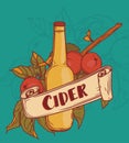 Poster for cider season with beautiful branch of apple tree and bottle of cider