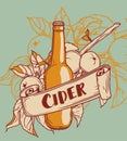 Poster for cider season with beautiful branch of apple tree and bottle of cider