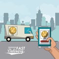 Poster city landscape with fast delivery in pizza truck and closeup smartphone app