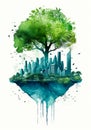A poster of a city suspended on a piece of the planet and a big tree above it