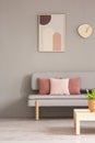 Poster and clock above grey sofa with pink pillows in living room interior with plant on table. Real photo