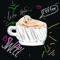 Poster coffee mocha in vintage style drawing with chalk on the blackboard. coffee illustration with slogan