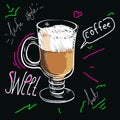 Poster coffee mocha in vintage style drawing with chalk on the blackboard. coffee illustration with slogan