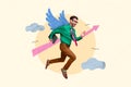 Poster collage of guy manager feel inspired fly with birds wings on painted drawing sky background