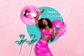 Poster collage illustration of cheerful smiling woman drink alco cocktail enjoy birthday celebration isolated on drwing