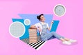 Poster collage of lady student sit look clock wear casual cloth glasses isolated on pink drawing color background