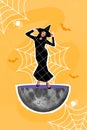 Poster collage of lady wizard stand on half sphere moon dressed theme costume isolated yellow color spider web decor Royalty Free Stock Photo