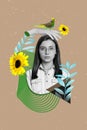 Poster collage of young confident attractive eco activist lady support environment save nature little parrot sunflower Royalty Free Stock Photo