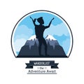 Poster color silhouette of wanderlust the adventure await with climber woman celebrating at the top of mountain Royalty Free Stock Photo